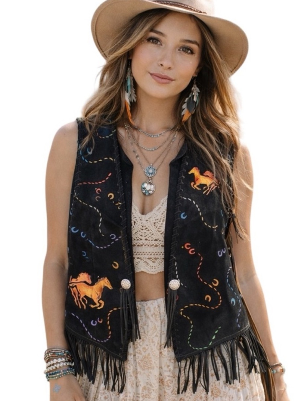 Char Santa Fe leather suede fringe vest hand painted horses hoof prints XL EUC